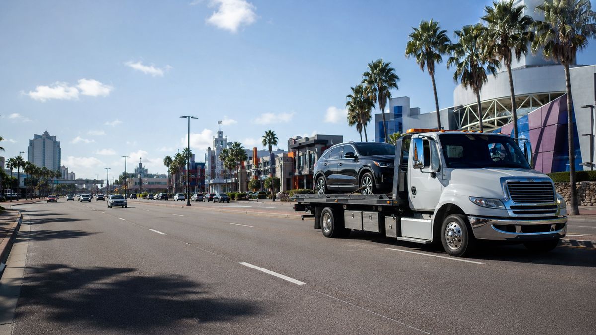 Flatbed tow truck providing towing service in Downtown Orlando Florida