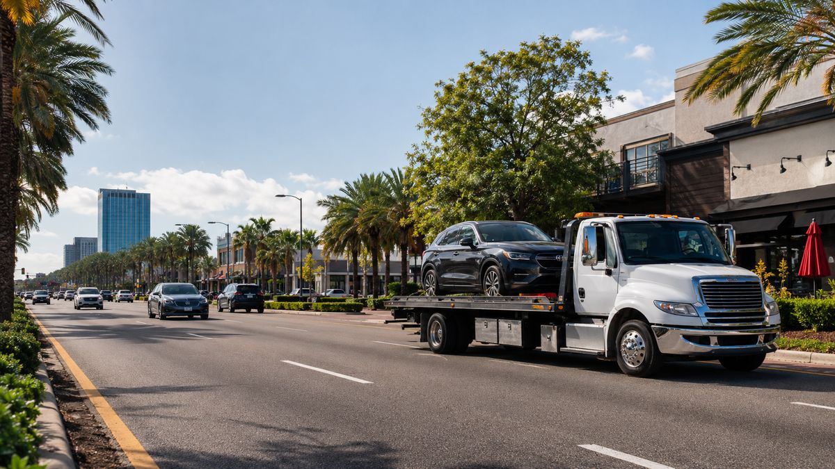 Tow truck providing vehicle towing service in the Dr Phillips Orlando area