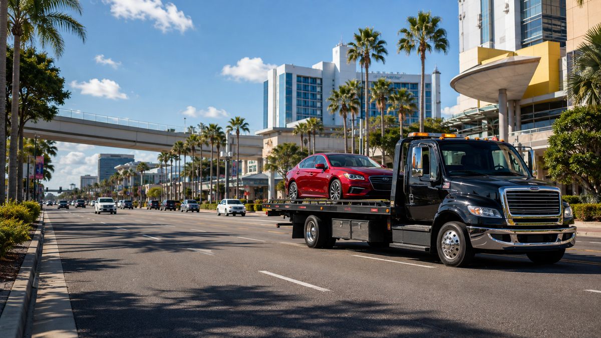 Flatbed tow truck providing towing assistance on International Drive Orlando
