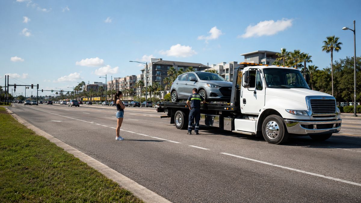 Tow truck assisting a vehicle near the Orlando airport area