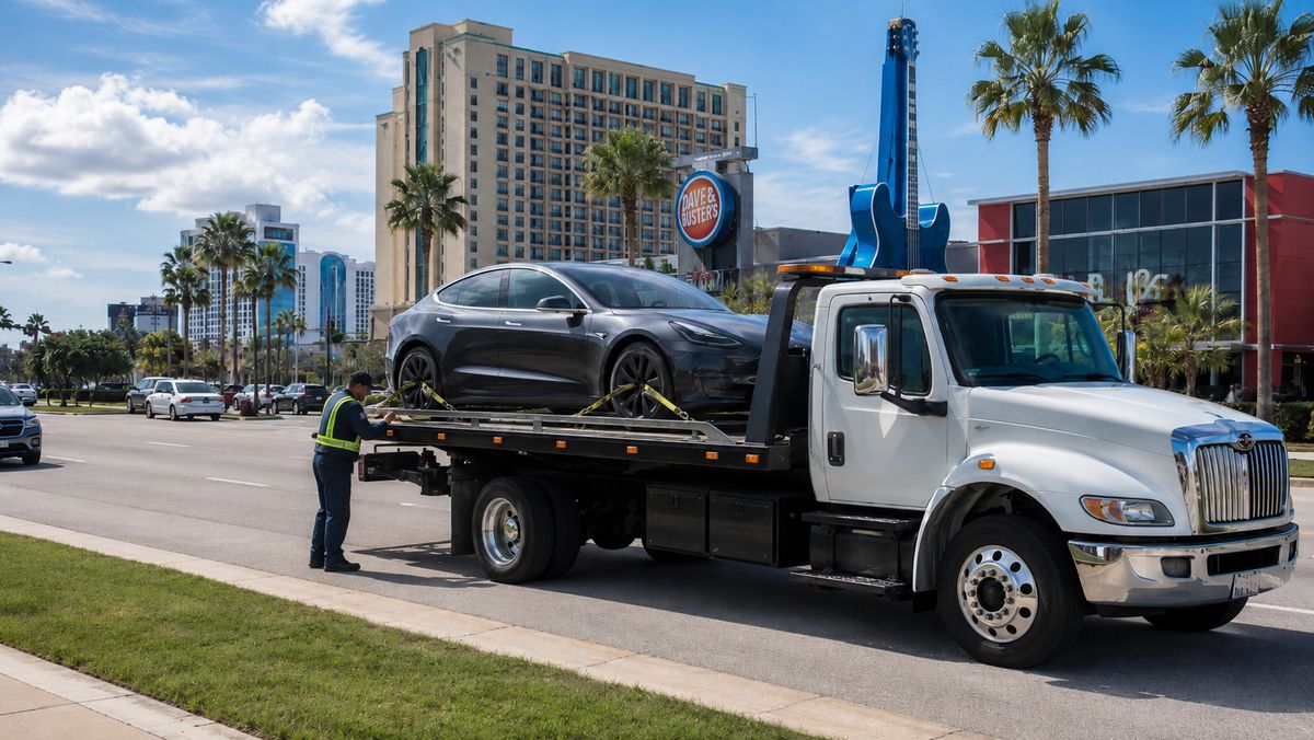 Tow truck providing towing service near the Universal Orlando area