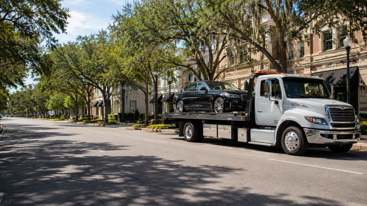 Flatbed towing service for a luxury vehicle in Winter Park Florida